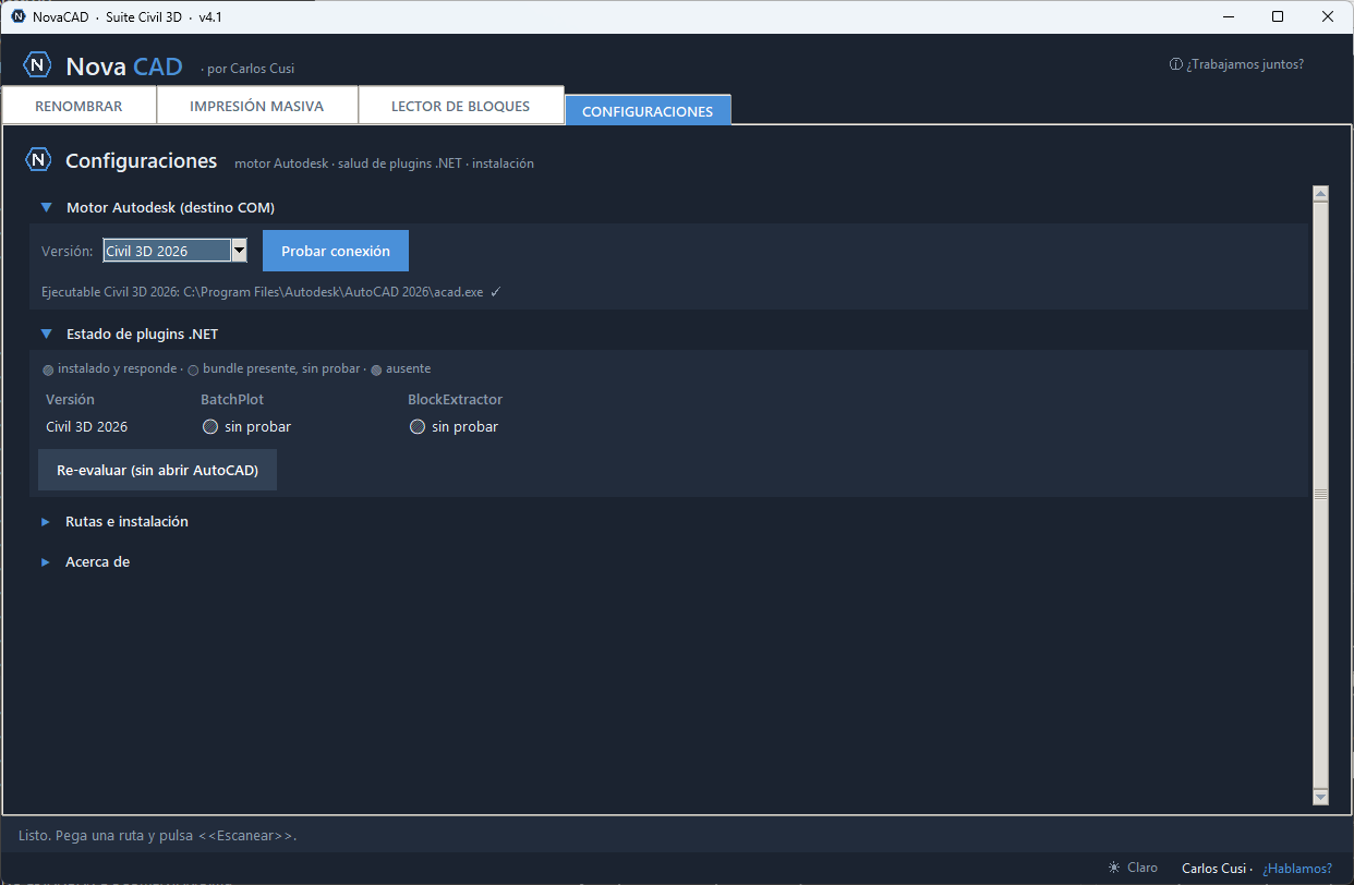 Pantalla de configuraciones de NovaCAD